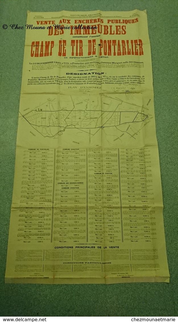 AFFICHE 1927 CHAMP DE TIR PONTARLIER VENTE AUX ENCHERES PUBLIQUES 154 X 75 CM - DOUBS - Affiches