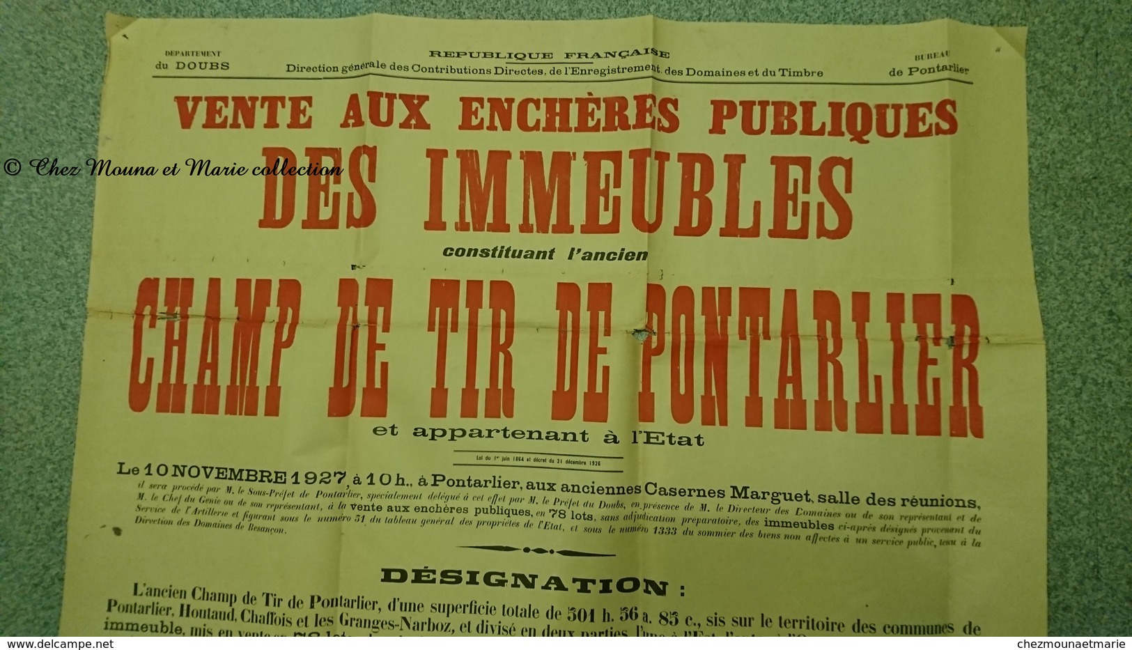 AFFICHE 1927 CHAMP DE TIR PONTARLIER VENTE AUX ENCHERES PUBLIQUES 154 X 75 CM - DOUBS - Affiches