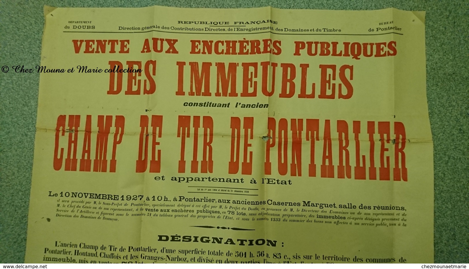 AFFICHE 1927 CHAMP DE TIR PONTARLIER VENTE AUX ENCHERES PUBLIQUES 154 X 75 CM - DOUBS - Afiches