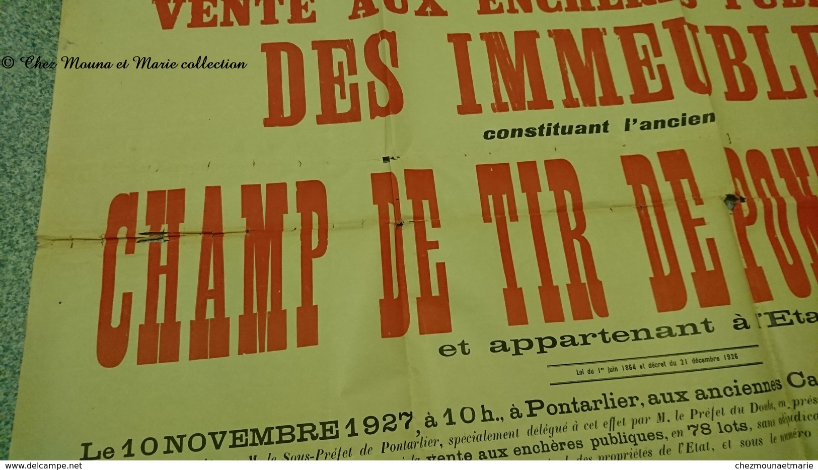 AFFICHE 1927 CHAMP DE TIR PONTARLIER VENTE AUX ENCHERES PUBLIQUES 154 X 75 CM - DOUBS