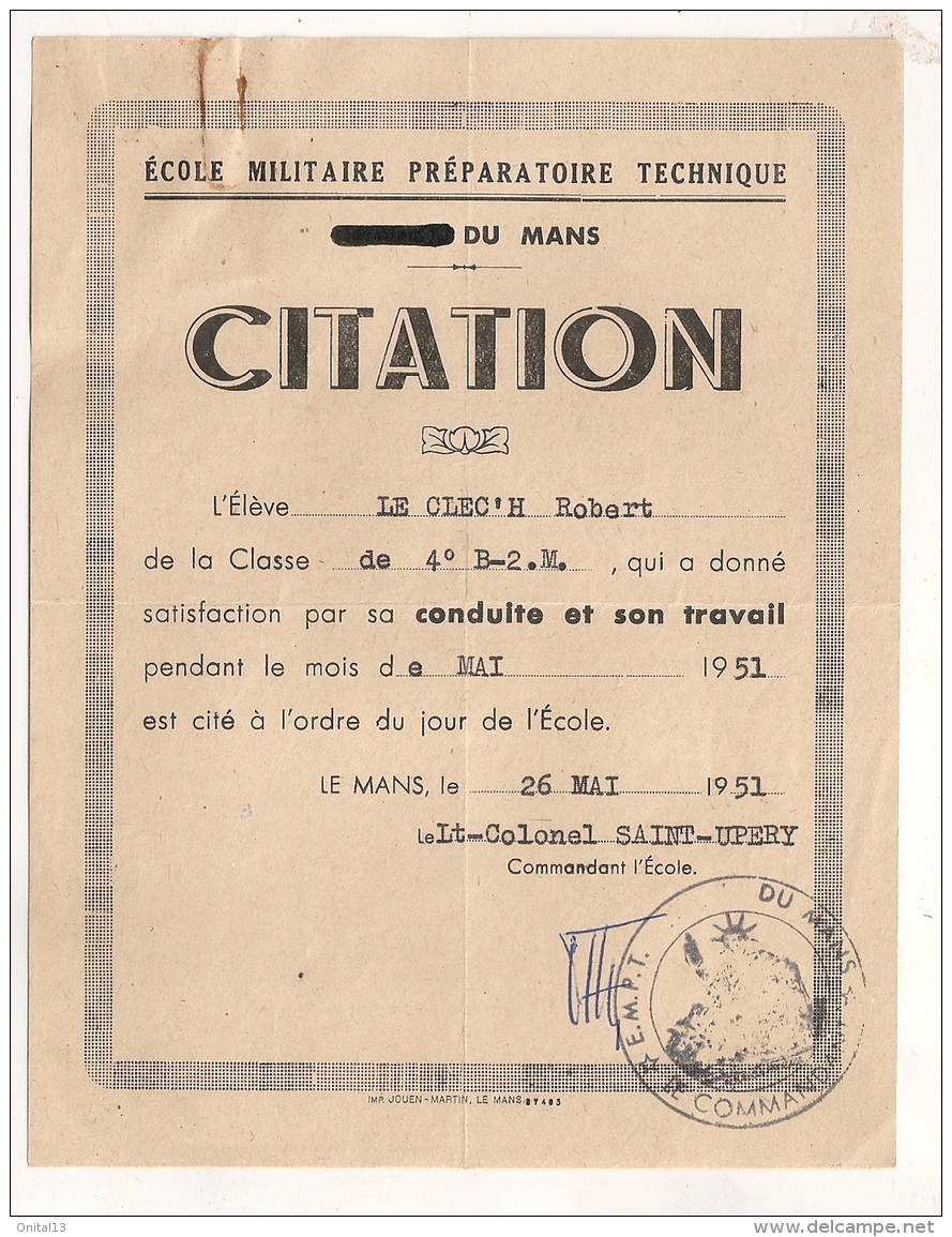 1951 ECOLE MILITAIRE PREPARATOIRE TECHNIQUE  DU MANS / CITATION  B292 - Diplômes & Bulletins Scolaires