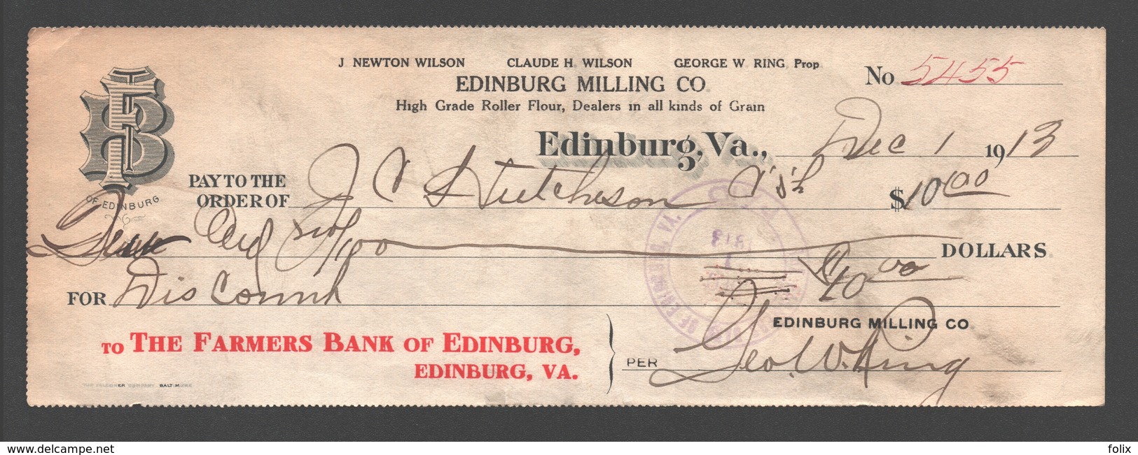 1913 Bank Check Edinburg Milling Co. (dealers In Grain) / The Farmers Bank Of Edinburg, VA - Schecks  Und Reiseschecks