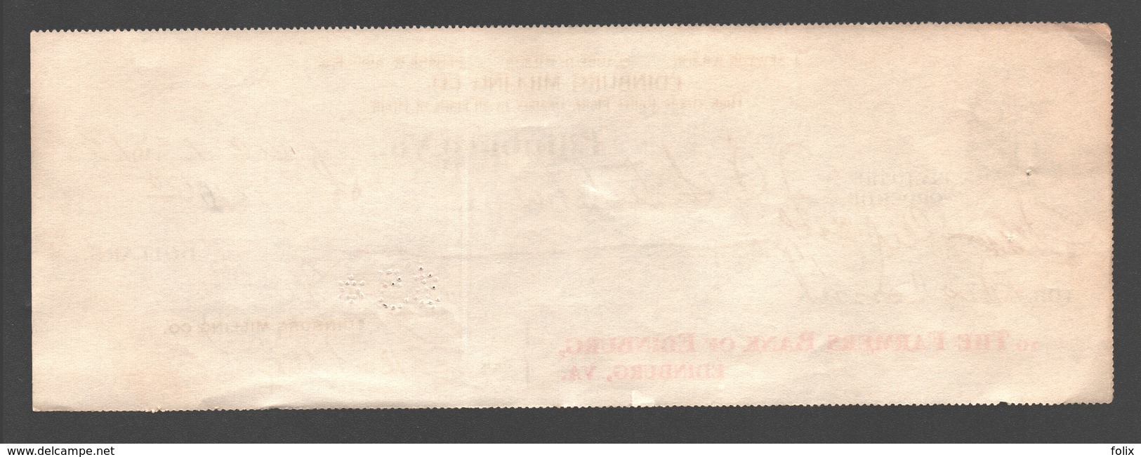 1913 Bank Check Edinburg Milling Co. (dealers In Grain) / The Farmers Bank Of Edinburg, VA - Chèques & Chèques De Voyage