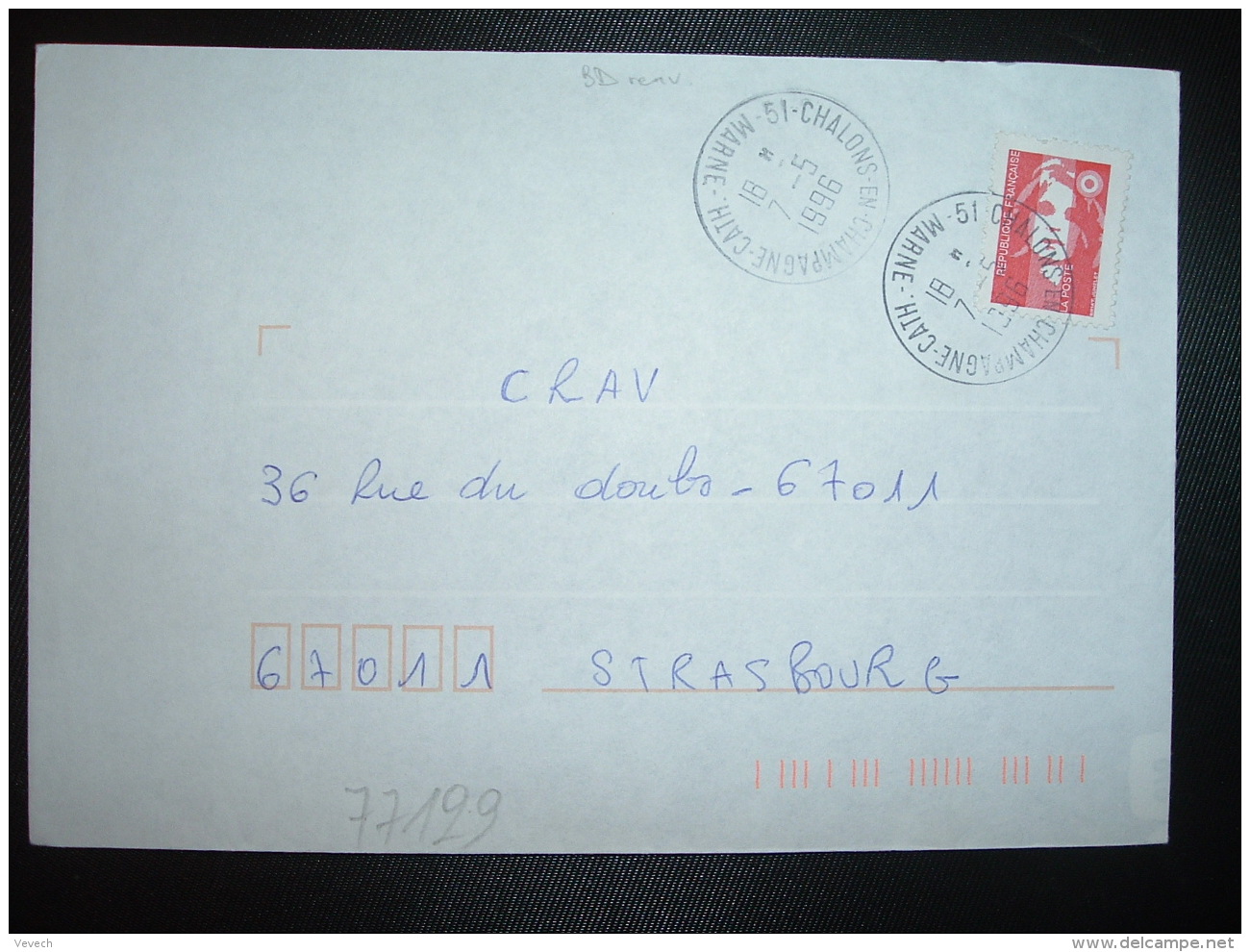 LETTRE TP M. DE BRIAT TVP ROUGE OBL. VARIETE 7-5 1996 51 CHALONS EN CHAMPAGNE CATH. MARNE - Cachets Manuels