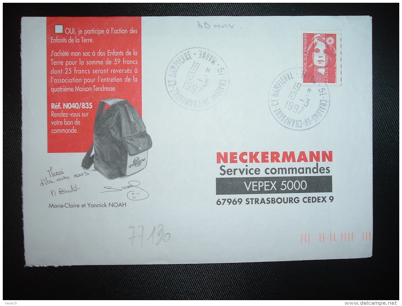 LETTRE TP M. DE BRIAT TVP ROUGE OBL. VARIETE 10-3 1997 51 CHALONS EN CHAMPAGNE CX DAMPIERRE MARNE - Manual Postmarks