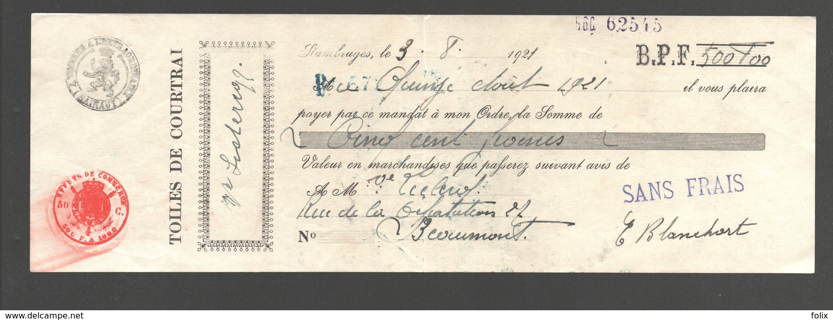 1921 Bank Cheque Toiles De Courtrai / Kortrijk - Banque Centrale Tournaisienne / Tournai / Doornik - Assegni & Assegni Di Viaggio