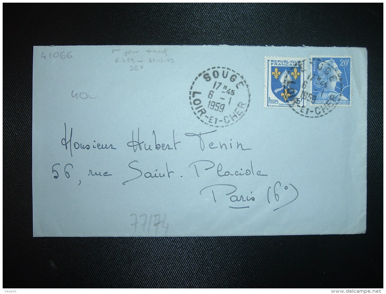 LETTRE TP M. DE MULLER 20F + SAINTONGE 5F OBL. Tiretée 6-1 1959 SOUGE LOIR ET CHER (41) 1ER JOUR TARIF 20F - Bolli Manuali