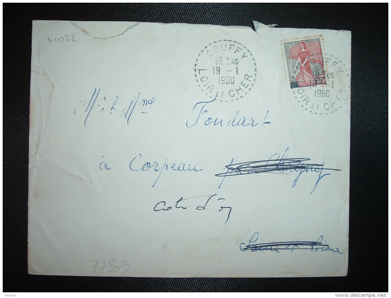 LETTRE TP M. A LA NEF 25F OBL. Tiretée 18-1 1960 COUFFY LOIR ET CHER (41) - Cachets Manuels