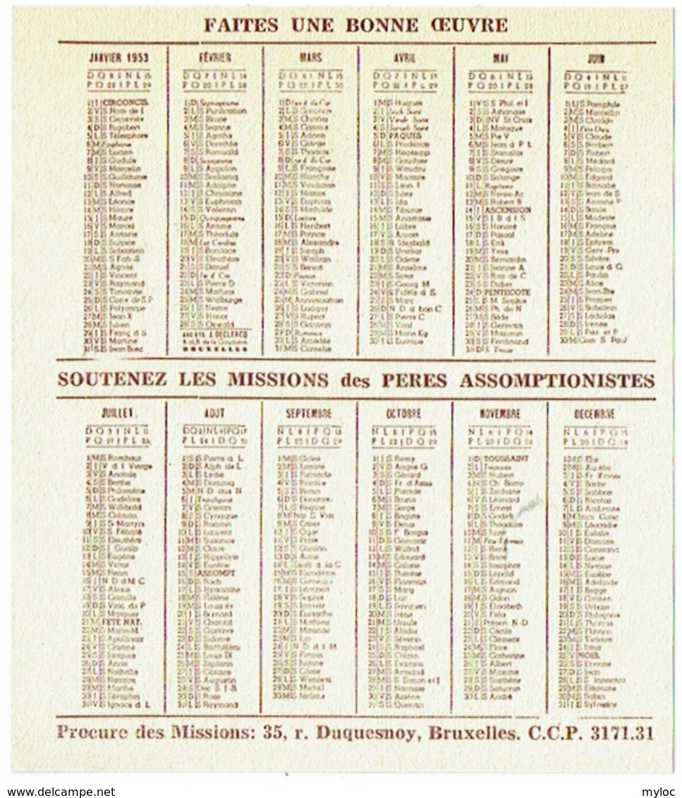 Calendrier. Religion. Missions Pères Assomptionistes. 1953. - Petit Format : 1941-60