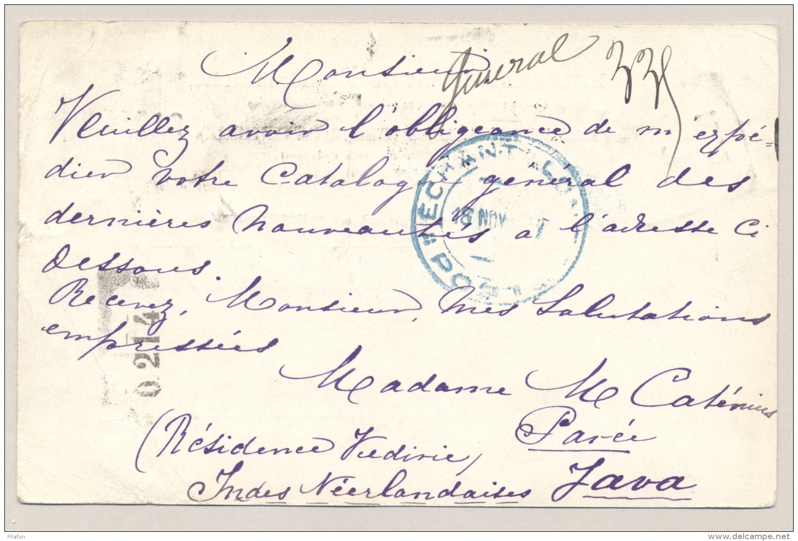 Nederlands Indië - 1902 - 7,5 Cent Cijfer, Briefkaart G12 Z-2 Van Langstempel PAREE Via VK KEDIRI Naar Paris / France - Nederlands-Indië