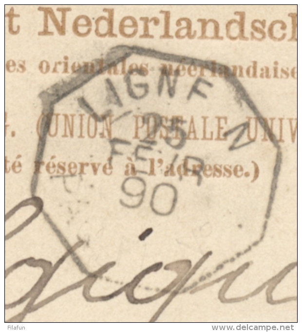 Nederlands Indië - 1890 - 7,5 Cent Cijfer, Briefkaart G9 Z-1 Met LIGNE N Van KR Weltevreden Naar JAMBES / België - Nederlands-Indië