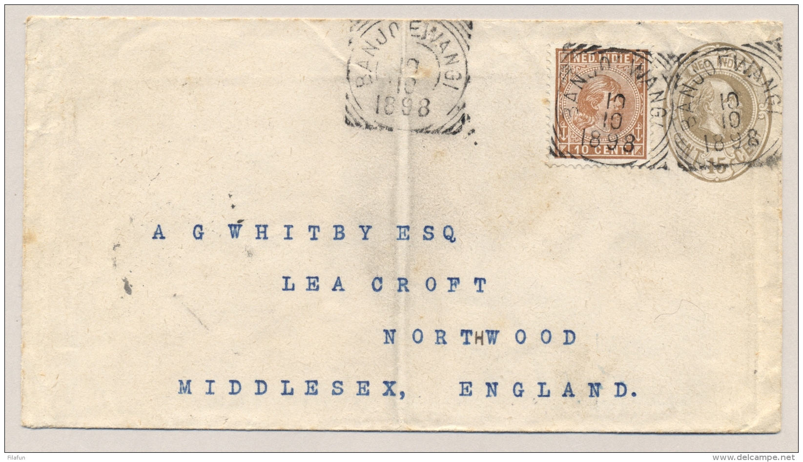 Nederlands Indië - 1898 - 10 Cent Hangend Haar Op 15 Cent Envelop G8 Van VK BANJOEWANGI Naar Northwood / UK - Nederlands-Indië