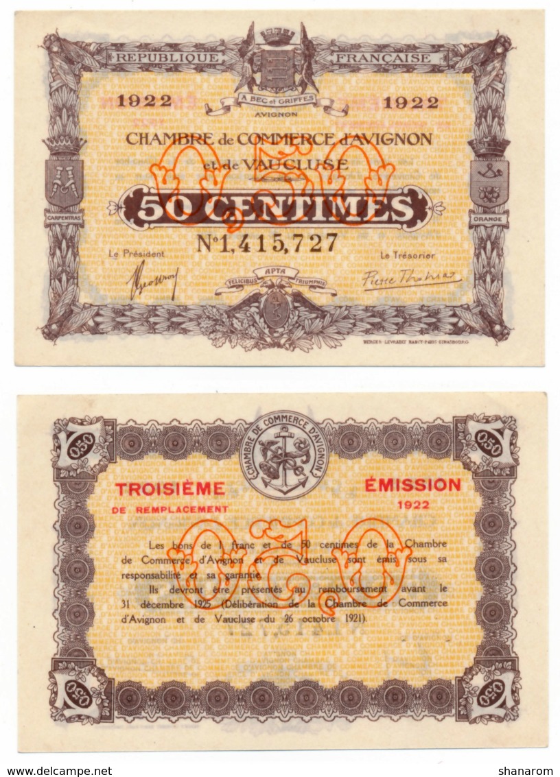 1914-1922 // C.D.C. // AVIGNON // 11 Août 1915  // Emission 1922 // Cinquante Centimes - Chambre De Commerce