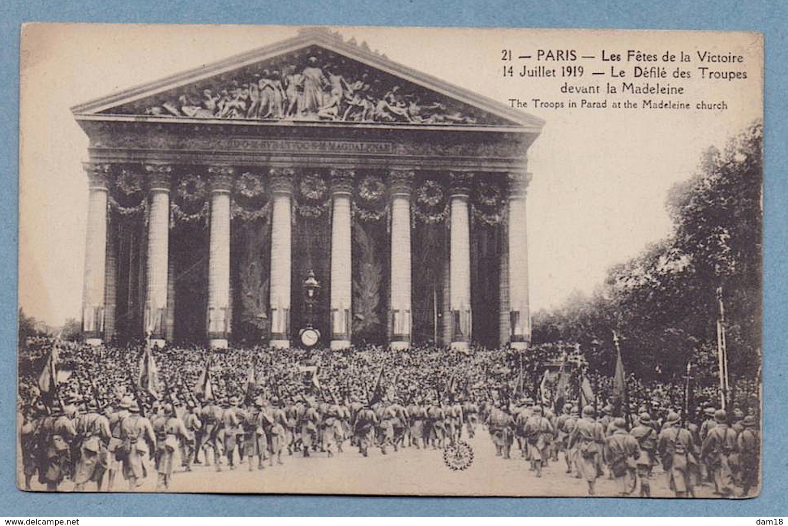 SOLDATS DEFILE FETES VICTOIRE PARIS LA MADELEINE 14 07 1919 VERSO PUB VOIR PHOTOS R/V - Guerre 1914-18