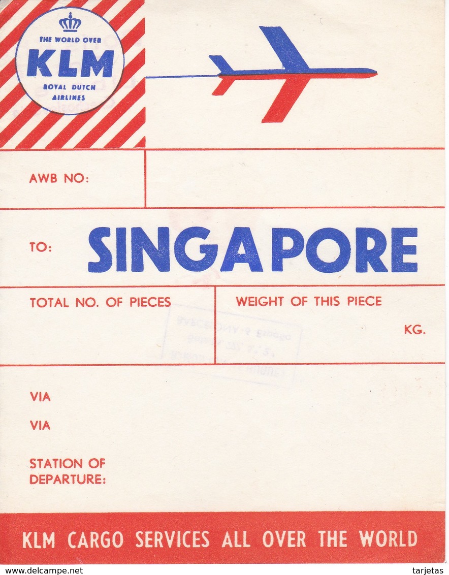 ANTIGUA ETIQUETA DE LA COMPAÑIA AEREA KLM (AVION-PLANE) SINGAPORE - Etichette Da Viaggio E Targhette