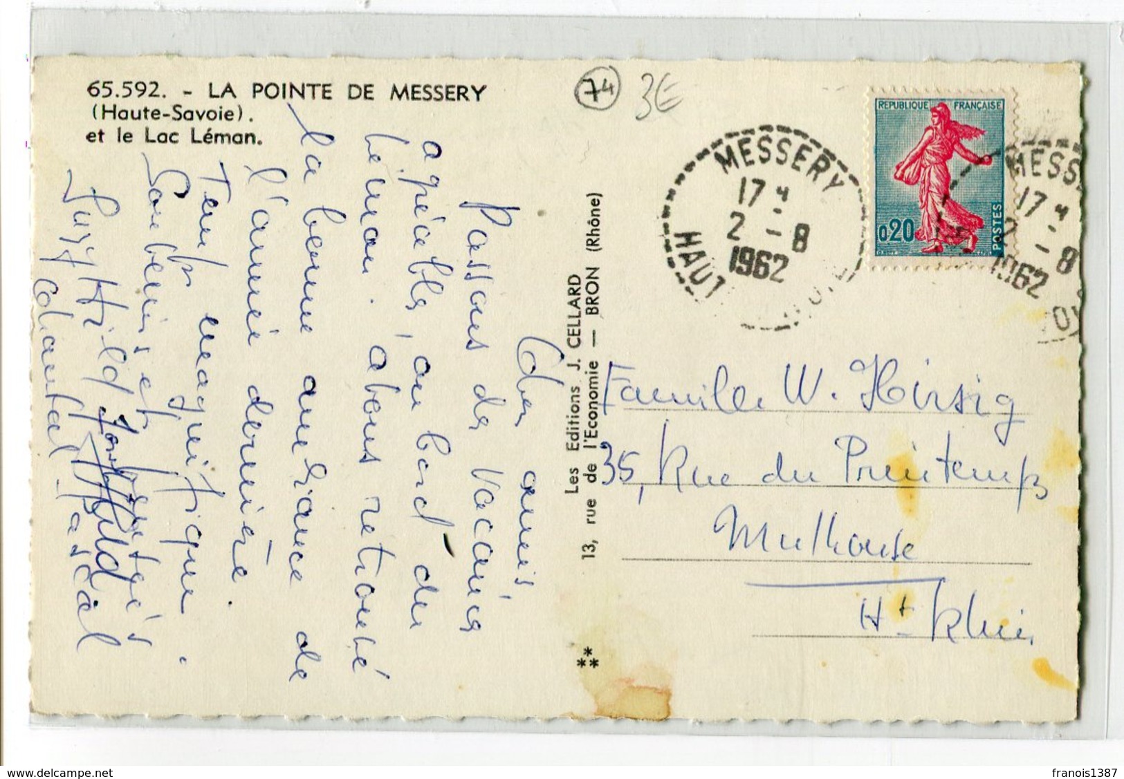 Ref 200 - La Pointe De MESSERY Et Le Lac Léman (1962 - Oblitération De Messery ) Scan Du Verso - Messery
