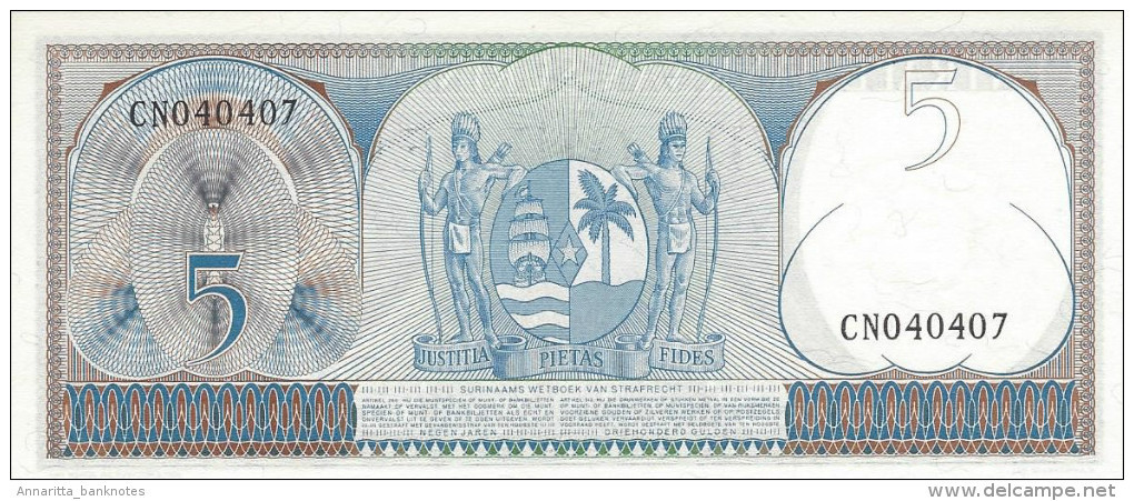 SURINAME 5 GULDEN 1963 P-120a UNC SMALL S/N [SR506a] - Suriname