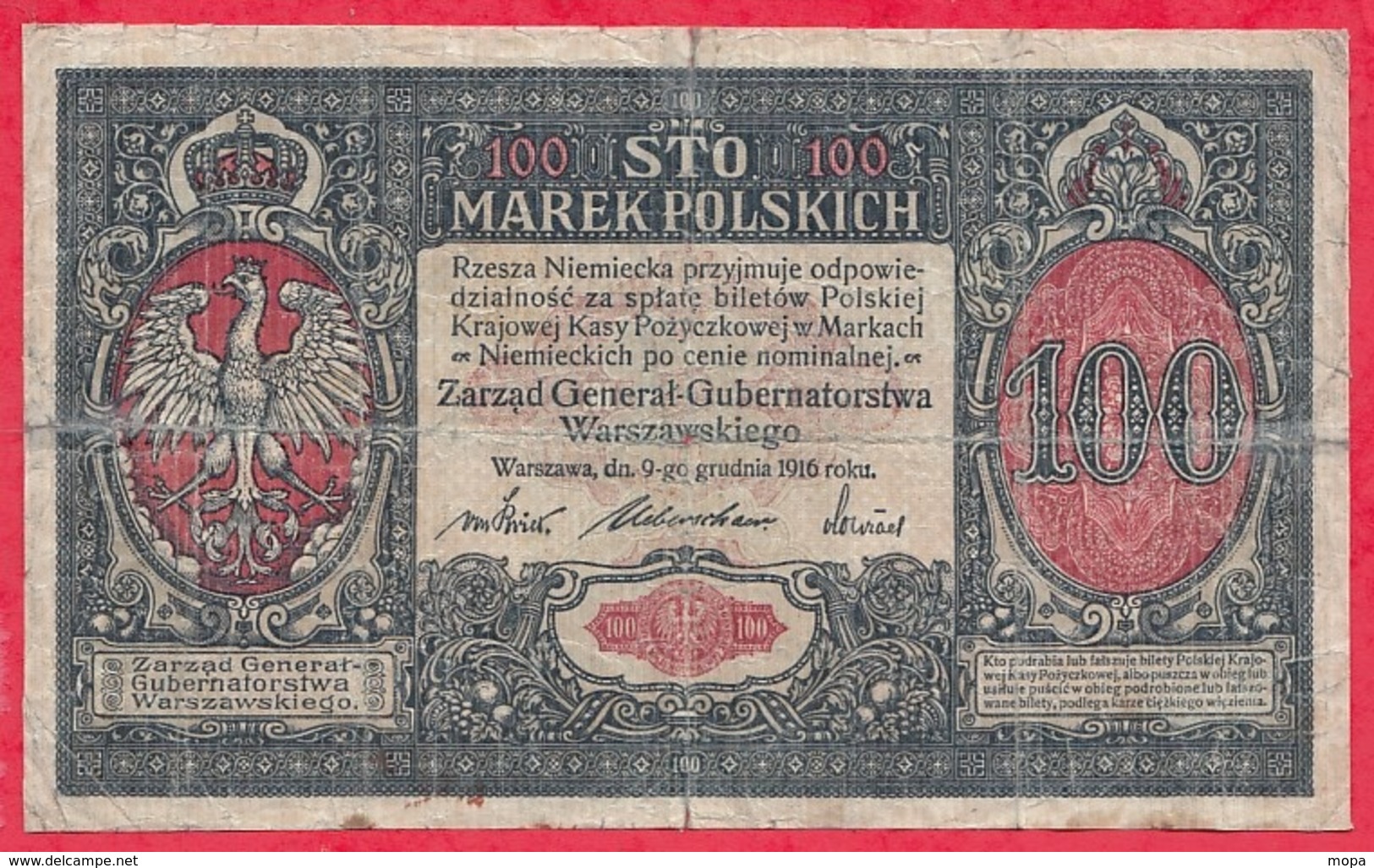 Pologne 1 Billet De 100 Marek Du 09/12/1916 Dans L 'état (RARE PETIT PRIX DE DEPART) - Pologne