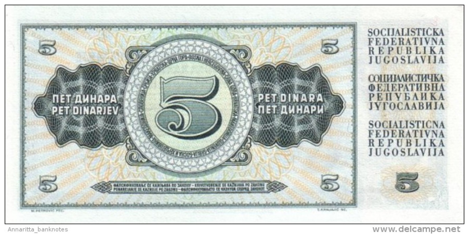 YUGOSLAVIA 5 DINARA 1968 P-81a UNC SERIAL # WITH SERIFS [YU081a] - Yugoslavia