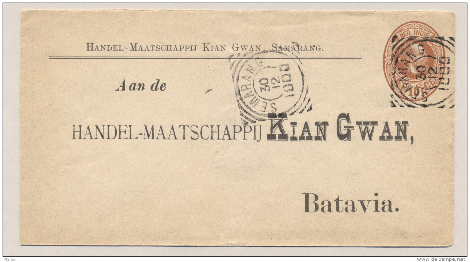 Nederlands Indië - 1900 - 10 Cent Willem III, Envelop G6 Particulier Bedrukt Kian Gwan Van Semarang Naar Batavia - Nederlands-Indië