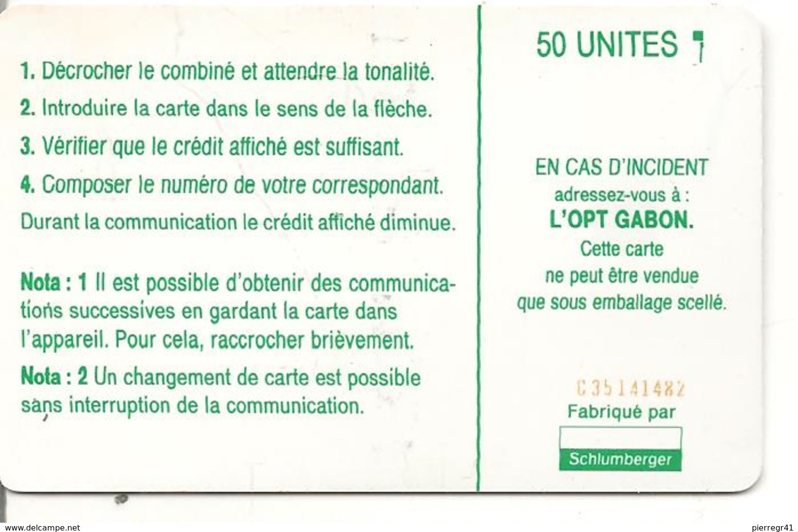 CARTE-PUCE-GABON-50U-SC7- CARTE-VERT -PLAN NUMEROTAGE-V° AVEC N°Rge C35141482-TBE - Gabon