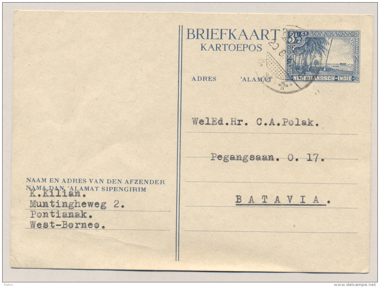 Nederlands Indië - 1947 - 3,5 Cent Strand Met Palmbomen, Briefkaart G75 Van PV2 PONTIANAK Naar Batavia - Nederlands-Indië