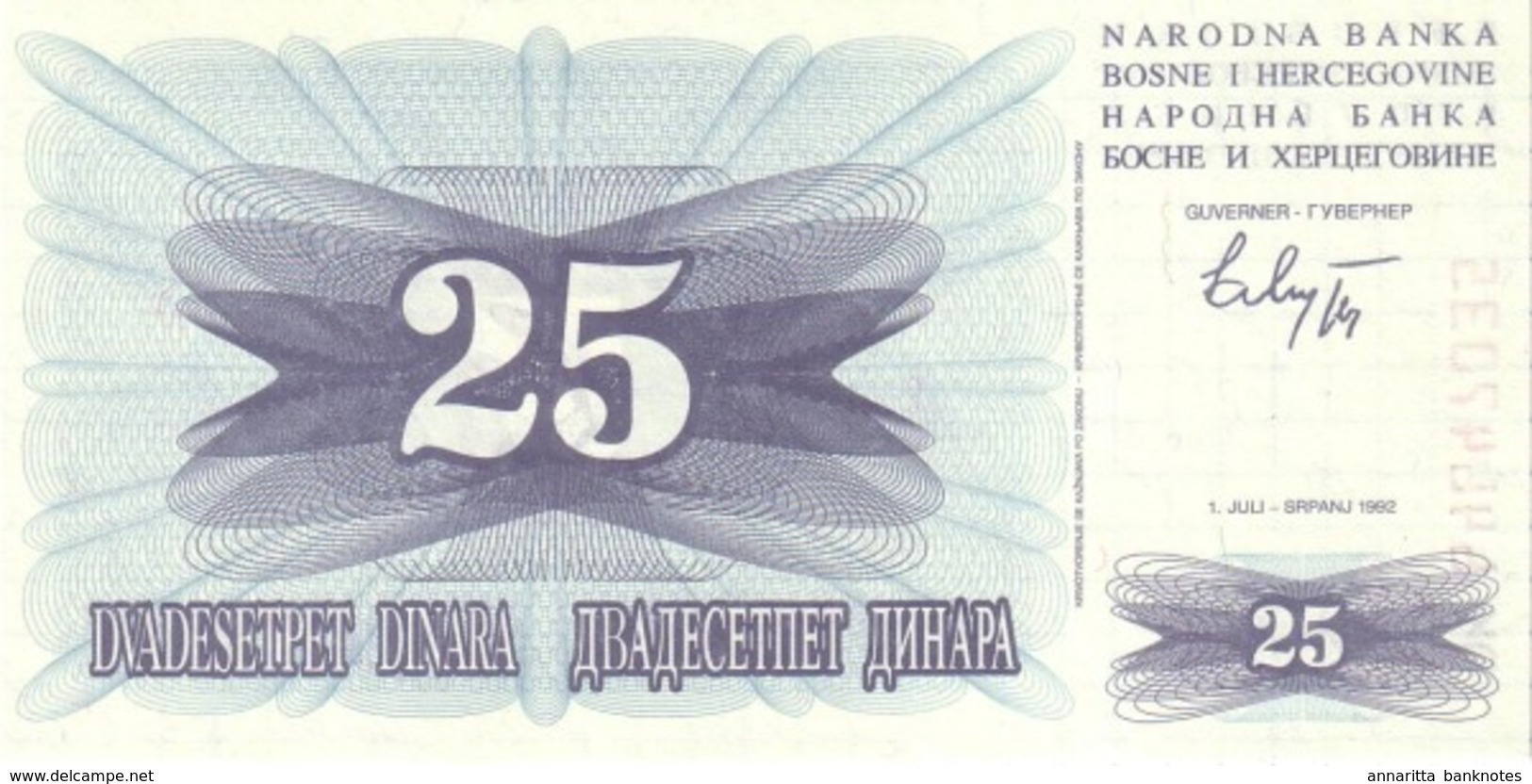 BOSNIA & HERZEGOVINA 25 DINARA 1992 P-11 UNC  [BA011] - Bosnia And Herzegovina