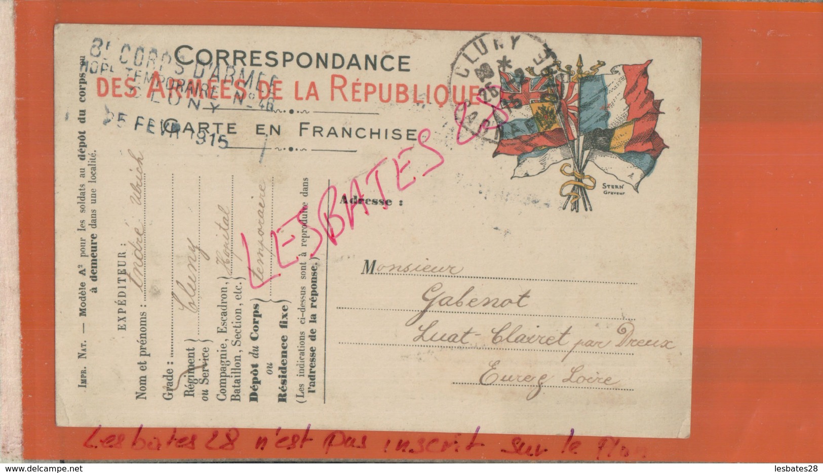 CARTE EN FRANCHISE  8 Corps D'Armée N°46 Hopital Temporaire CLUNY  Cachet à Date 1915 Oct 2018  055 - Lettres & Documents