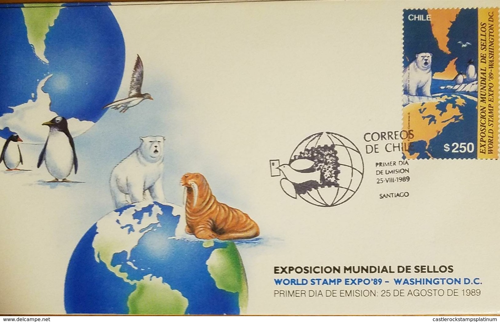 O)1989 CHILE, WORLD  STAMP EXPO 1989 WASHINGTON, POLAR BEAR-PENGUIN-BIRD-SEAL-SOUTH POLE, FDC XF - Chile