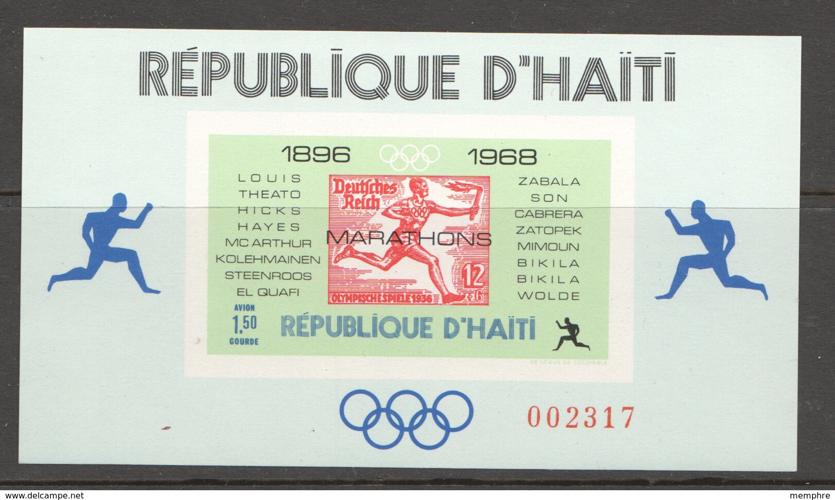 1969  Champions Du Marathon Olympique  Bloc Feuillet 1,50G Non-dentelé - Haití
