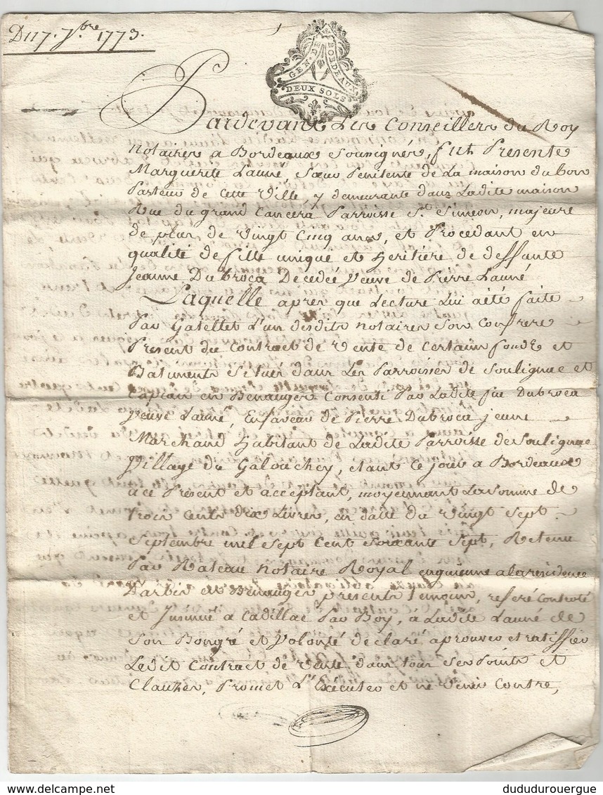 GENERALITE DE BORDEAUX , 1773 , CONTRAT ..... - Manuscrits