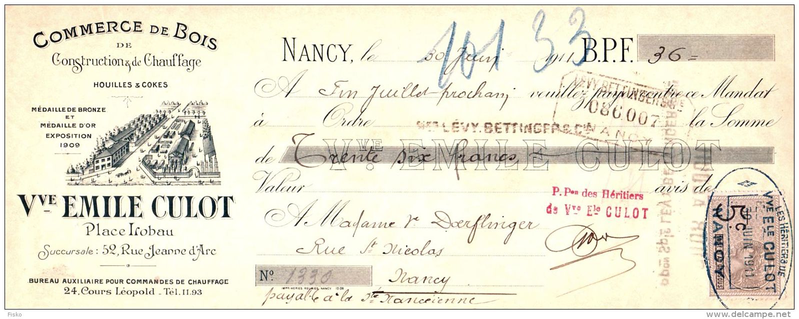 CULOT   Commerce De Bois Construction, Houilles, Cokes    NANCY   Belle Illustration 1911 - Lettres De Change