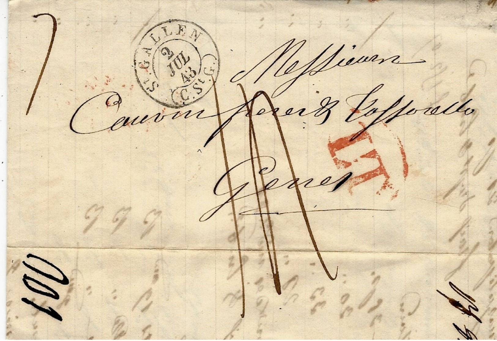 1843- Lettre De ST GALLEN  Pour Gênes -transit  L T  De Milano Taxe 14 - Au Dos, Arrivée 5. LUGLIO Rouge - ...-1845 Préphilatélie