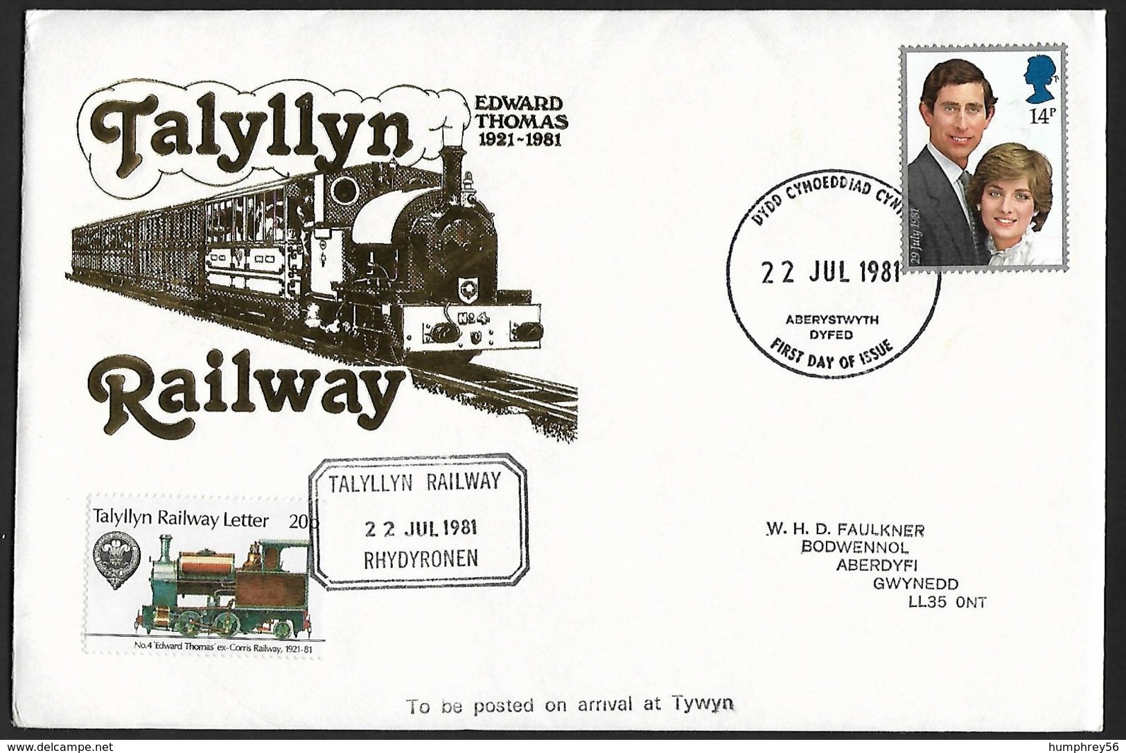 1981 - GREAT BRITAIN - FDC Talyllyn Railway + SG 1160+Railway + DYDD CYHOEDDIADD - Ferrovie & Pacchi Postali