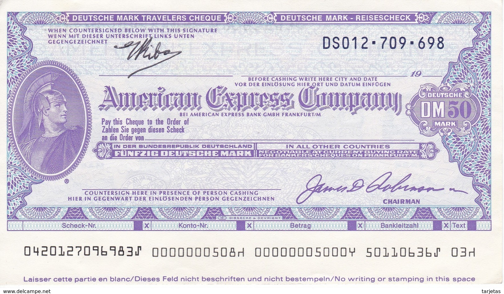 BILLETE DE ESTADOS UNIDOS DE 50 DEUTSCHE MARK DE AMERICAN EXPRESS COMPANY SIN CIRCULAR (TRAVELERS CHEQUE) ALEMANIA - Altri & Non Classificati