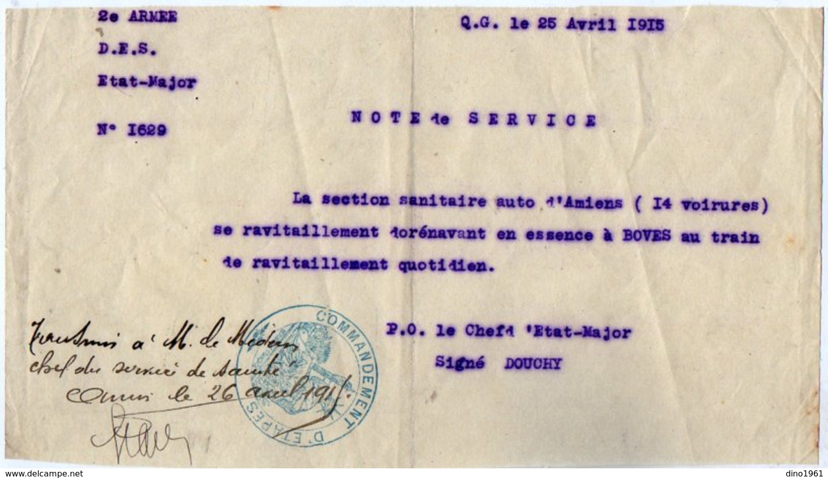 VP13.144 - MILITARIA - Guerre 14 / 18 - PARIS X BOVES 1915 - 2è Armée Etat Major - Note De Service - Documentos