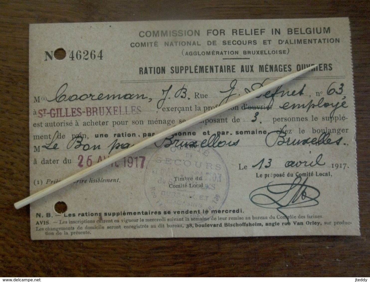 Kaart COMMISION FOR RELIEF IN BELGIUM     13 Avril 1917 - 1914-18