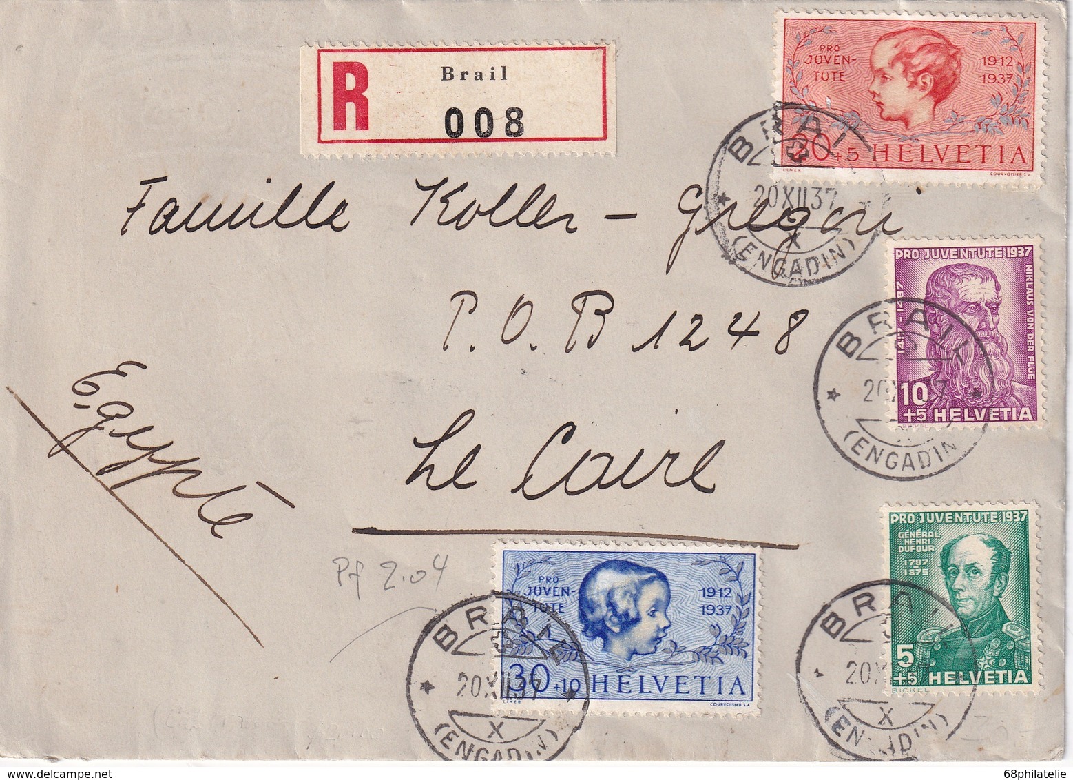 SUISSE1937 LETTRE RECOMMANDEE DE BRAIL AVEC CACHET ARRIVEE LE CAIRE - Lettres & Documents