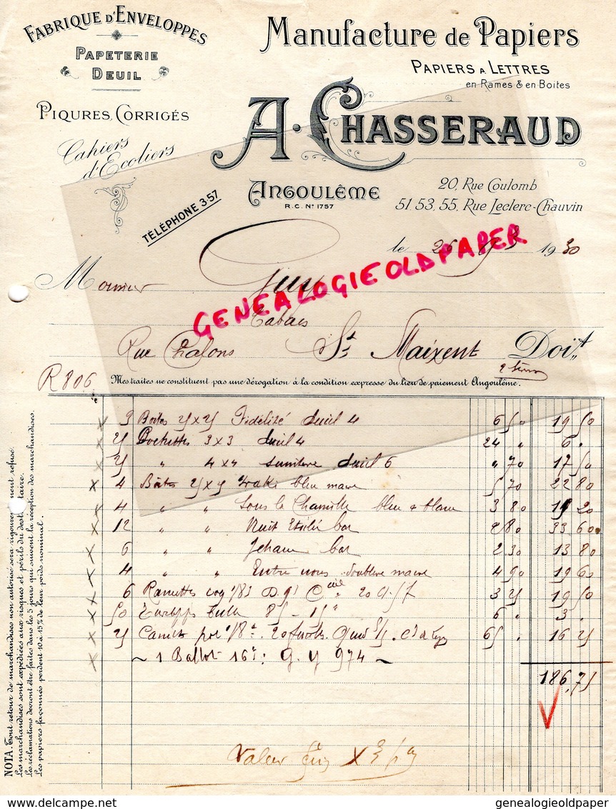 16 - ANGOULEME -FACTURE MANUFACTURE  PAPIERS PAPETERIE IMPRIMERIE-A.CHASSERAUD -20 RUE COULOMB-1930 - Druck & Papierwaren