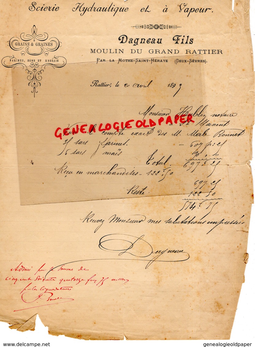 79- LA MOTHE SAINT HERAYE- RARE LETTRE MANUSCRITE SIGNEE DAGNEAU FILS- SCIERIE HYDRAULIQUE 1893- MOULIN GRAND RATTIER - 1800 – 1899