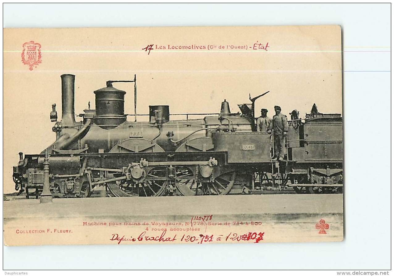 Cie De L'Ouest Etat : Machine 778 Trains Voyageurs. 2 Scans. Les Locomotives, Edition Fleury - Matériel