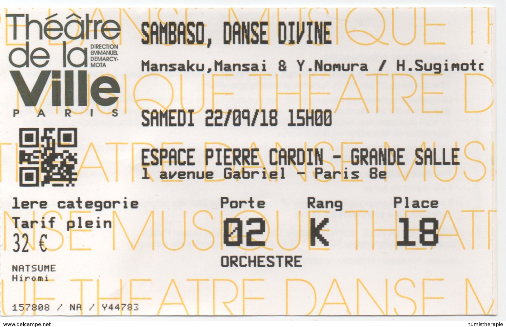 Théâtre De La Ville De Paris : Espace Pierre Cardin : Sambas, Danse Divine : Le 22/09/18 : 32€ - Tickets D'entrée