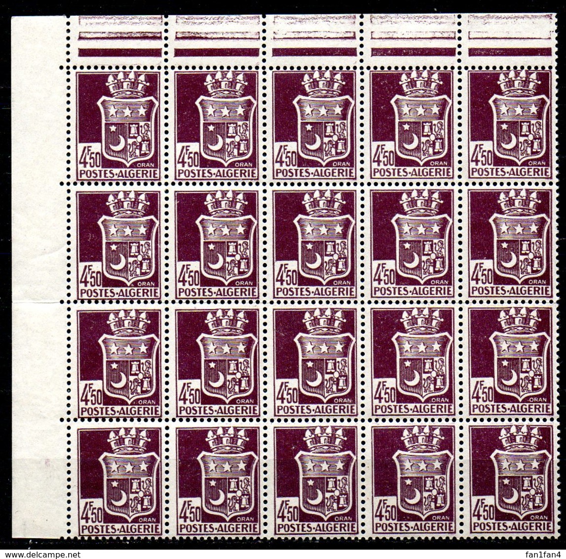 Colonies Françaises Et Protectorats (ALGERIE) - 1942 - Bloc De 20 Du N° 195 - 4 F. 50 Brun-lilas - Airmail