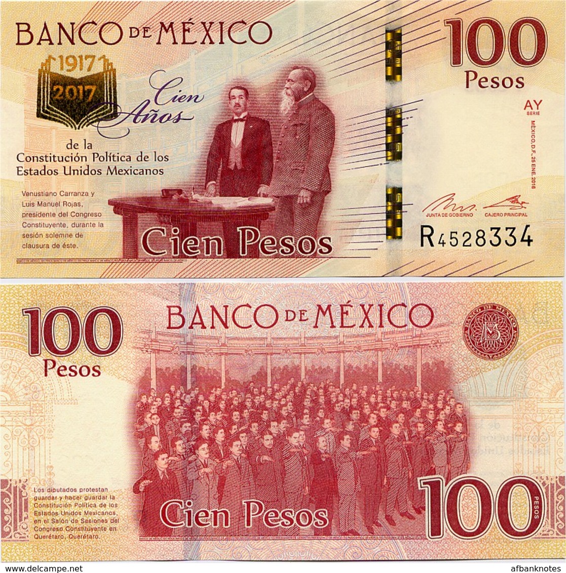 MEXICO        100 Pesos       Comm.       P-130       25.1.2016       UNC  [sign. Del Cueto] - Messico