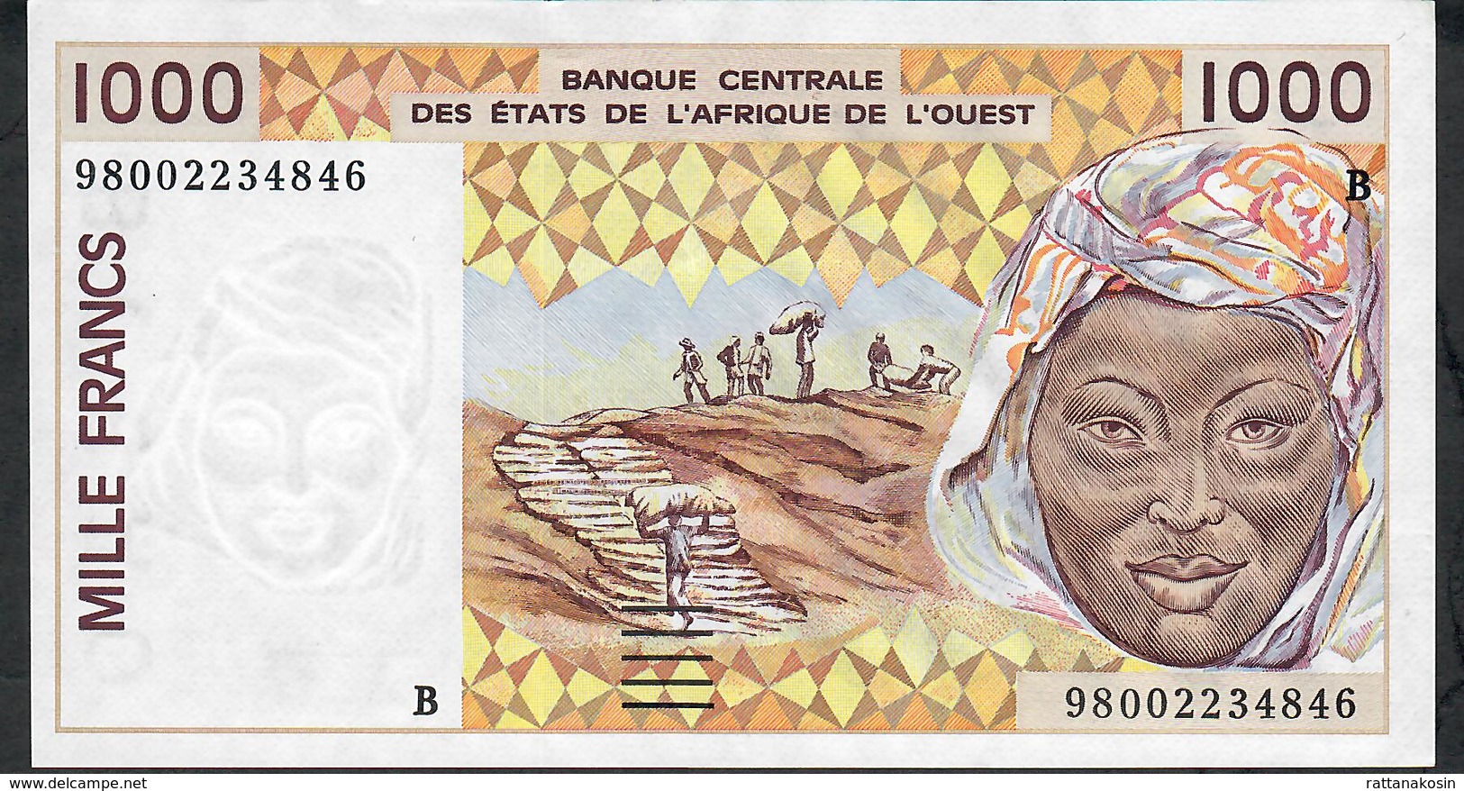 W.A.S. BENIN P211Bi 1000 FRANCS (19)98 Signature 28  AU 1 Discret Central Vertical Fold - Benin