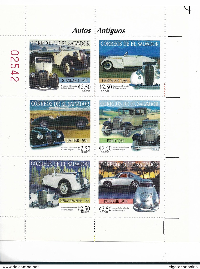 EL SALVADOR, 1997, ANTIQUE CARS, AUTOMOBILES, SCOTT 1476 M/S 6 VALUES FULL SHEET - El Salvador