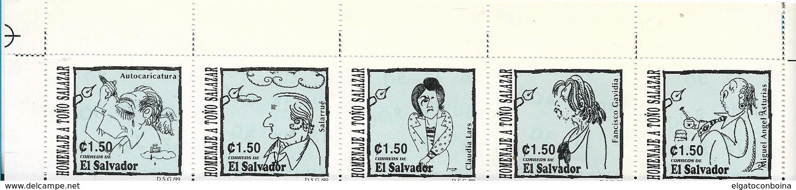 EL SALVADOR, 1999,  CARICATURIST TOÑO SALAZAR CARTOON DRAW SCOTT 1518 STRIP OF 5 VALUES - El Salvador