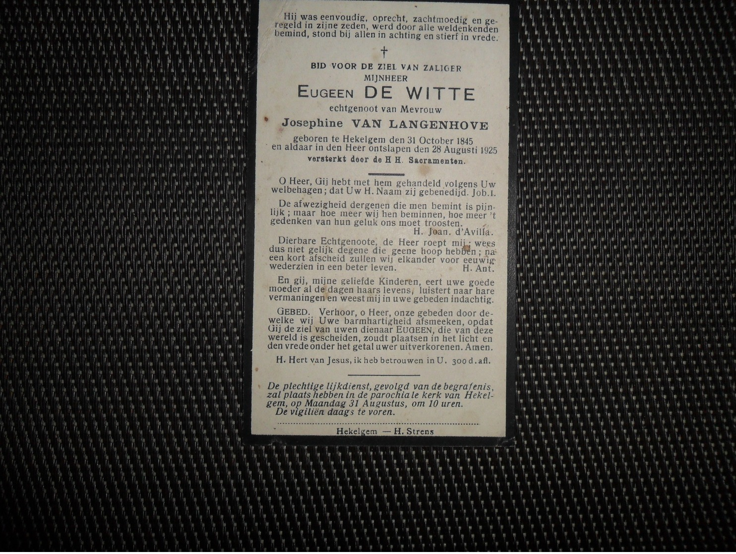 Doodsprentje ( E 577 ) De Witte / Van Langenhove  -  Hekelgem  -  1925 - Décès