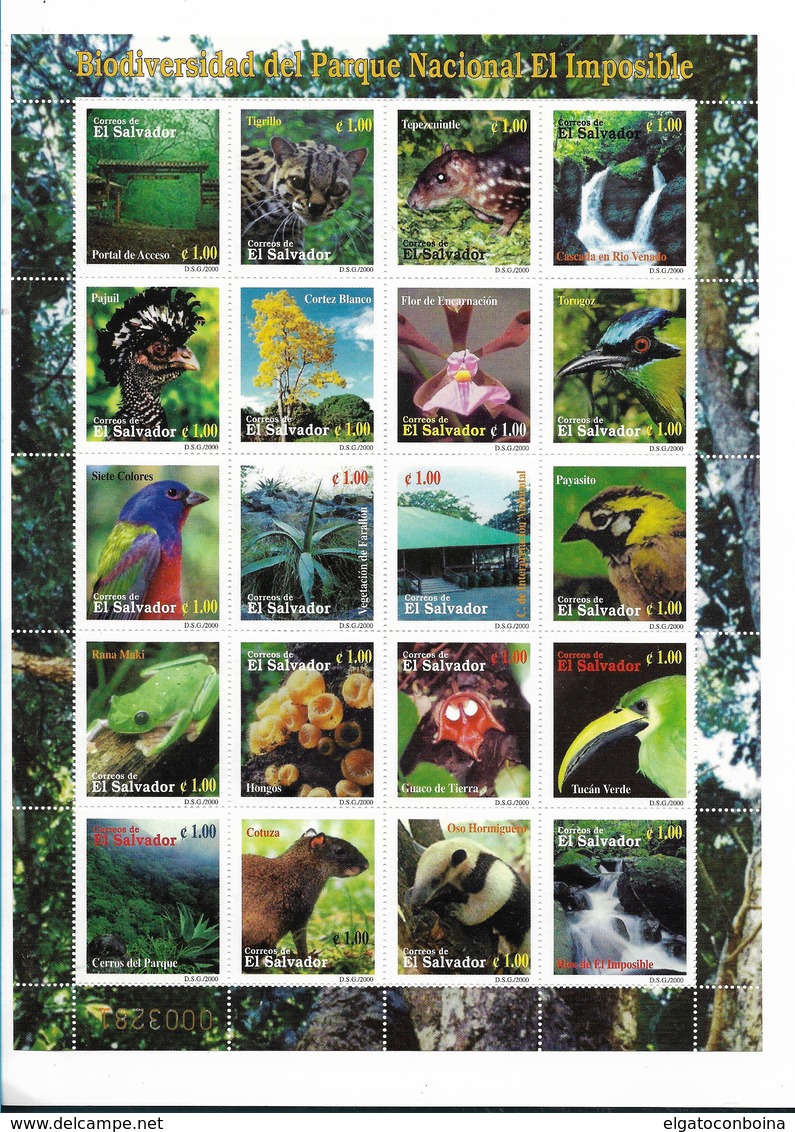 EL SALVADOR, El Impossible National Park MiniSheet Of 20 Values,  SCOTT 1538 M/S, BIODIVERSITY BIRDS NATURE FAUNA FLORA - El Salvador