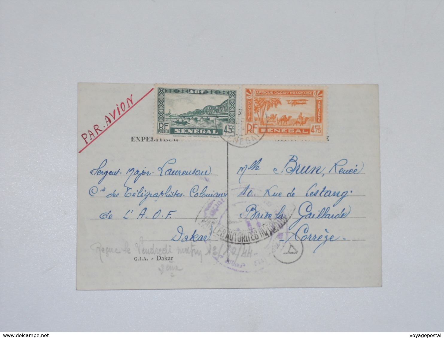 Carte Dakar Par Avion Censure Militaire 1944 Pour Brive - Lettres & Documents